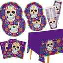 Day of the Dead Party Supplies Kit Serve 25, Includes Disposable Sugar Skull Dinner Plates, Dessert Plates, Napkins, Cups and Tablecloth, Da de los Muertos Party Decorations