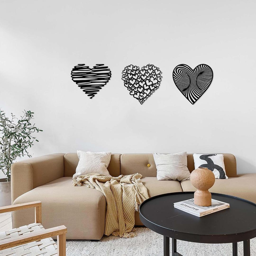 YATEASLU Set of 3 Heart Metal Wall Decor Heart Designs for Bedroom, Living Room 11.8 x 11.8 Inches