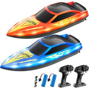 Remote Control Boat for Kids, RC Boat for Pool, Lake, River and Pond with LED Lights, Self-Righting, Waterproof, Fast Speed Racing Electric Boats 2 Speed Modes 60mins Rechargeable Batteries