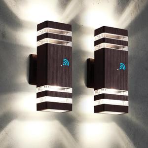 tewei 2 Pack Outdoor Wall Lights, Modern Dusk to Dawn LED Outdoor Lighting 2-Layer Brown Outdoor Lights for House Exterior Wall Light Fixture Waterproof Up and Down Porch Lights for Garage Entryway