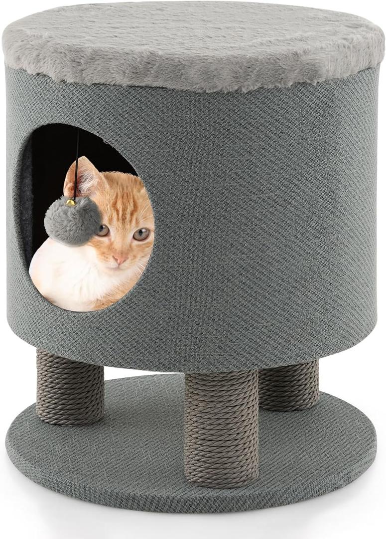 Tangkula Cat Condo Stool for Indoor Cats, Pet House Ottoman & Kitty Bed with Scratching Posts & Plush Ball Toy, 3-in-1 Modern Cat Condo Furniture for Small & Medium Cats (Grey)