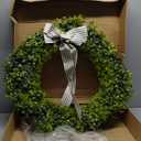 32-Inch Boxwood Wreath, Artificial Boxwood Wreath Front Door Wreaths Artificial Spring Summer Greenery Hanging with A Plaid Bowand Sash for Front Door Wall Hanging