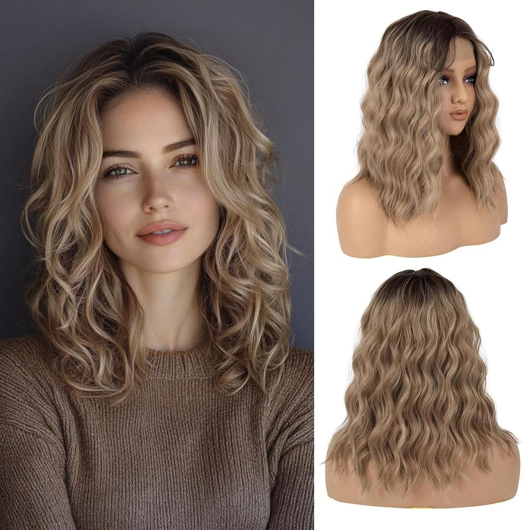 16 Inch Medium Length Wavy Ombre Ash Blonde Synthetic Wig with Adjustable Bands for Women  Natural Middle Part Design for Daily Wear, Parties, or Halloween