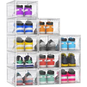 12 Pack Hard Sturdy Thickened Rigid XX Large Shoe Storage Organizer for Closet, Clear Stackable Sneaker Shoe Boxes Rack Containers Display Case Bins with Lids, White