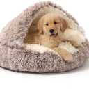 NOYAL Round Hooded Donut Dog Bed for Small & Medium Pets Plush Fluffy AntiAnxiety Cat Cave Bed with Cover (Gradual Brown) Large 27.5''