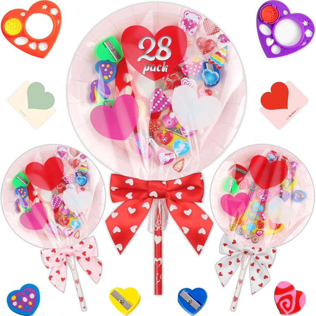 Deerher Valentines Day Gifts for Kids - 28 Pack Giant Colorful Stationery Set with Valentine's Cards for School Classroom Class Party Favor - Valentine Gift Exchange for Boys Girls Toddler