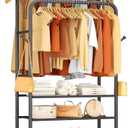 Furologee Clothes Racks for Hanging Clothes, Portable Rolling Garment Rack, Sturdy Metal Freestanding Cloths Racks with Wheels, Double Rods Wardrobe Rack for Bedroom Laundry Living Room