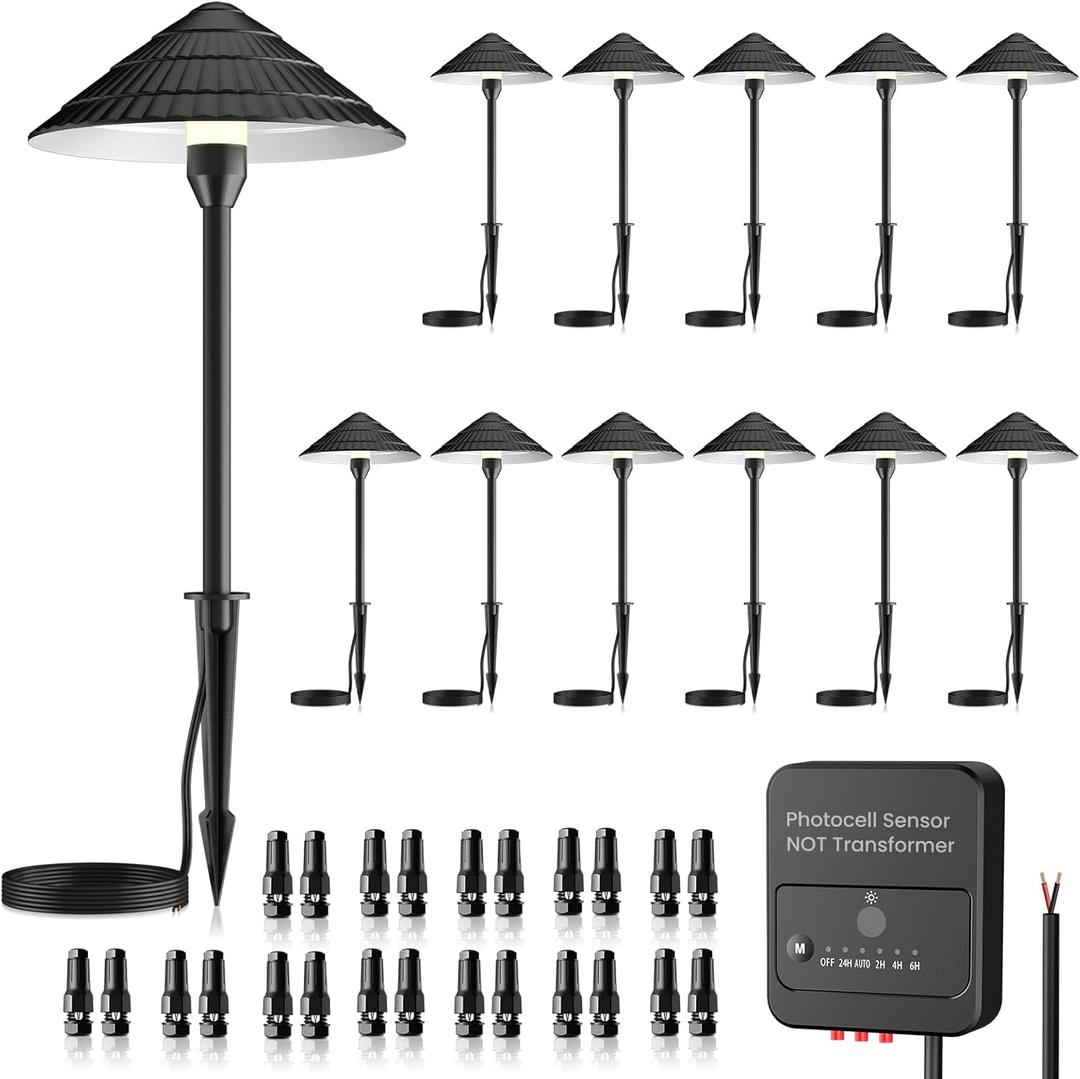 LED Low Voltage Pathway Lights 5W 2700K LED Outdoor Landscape Lighting with Photocell 12-24V Cast-Aluminum Low Voltage Lights IP66 Waterproof Landscape Spotights for Path Garden Yard,12 Pack