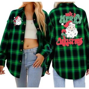 Christmas Plaid Blouses Women Xmas Santa Long Sleeve Shirt Checked Cute Christmas Collared Button Down Tops, Size L