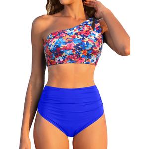 Women High Waisted Bikini - One Shoulder Bathing Suit Tummy Control Two Piece Swimsuit 2025 (Large, Colorful Floral)