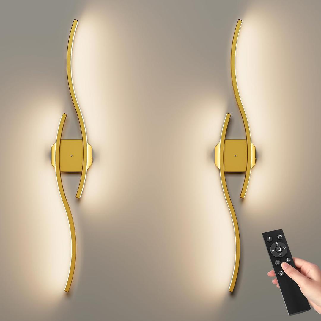 hunhun Battery Operated Wall Sconces Set of Two, Wireless Wall Sconce with Remote Control, Gold Rechargeable Sconces 3000K-6500K, RGB Dimmable Wall Lights for Living Room, Hallway, Bedroom