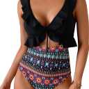 Eomenie One Piece Swimsuit for Women Tummy Control Ruffle Bathing Suit V Neck Ruched Swim Suit Slimming Cutout Swimwear (Medium, Black Print)