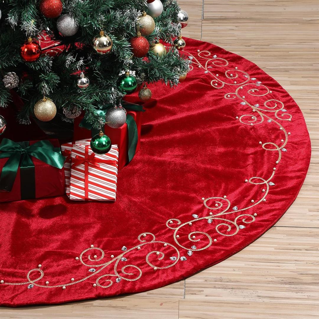 36inch Christmas Tree Skirt Red Luxury Velvet Plush Fur Skirts Baroque Tree Skirts with Gold Embroidered Pearls and Crystals Xmas Velvet Trees Skirt for Christmas Holiday Party Home Decorations