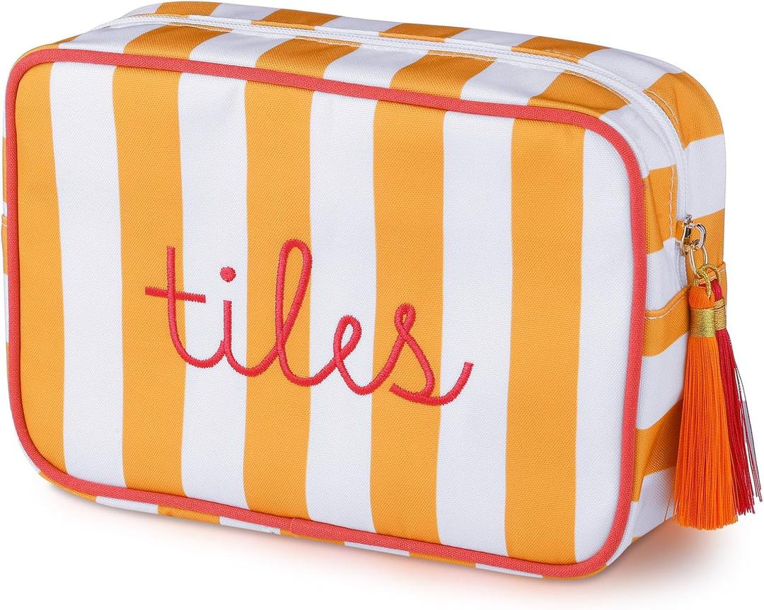 Sanwuta Mahjong Tile Bag with Zipper, Striped Embroidered Mahjong Storage Pouch Mah Jong Bags for Tiles Board Game Pieces Game Party Travel Gatherings Accessories(Orange,Classic)