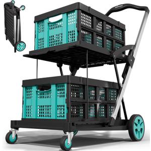 Beyond Collapsible Shopping Cart on Wheels, Shopping Cart with 2 Storage Crates, 2-Tier Multi Functional Utility Cart for Grocery/Warehouse/Office/Supermarket - Blue
