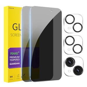 PEHAEL 2+2 Pack for iPhone 15 Privacy Screen Protector with Camera Lens Protector Full Coverage Anti-Spy Tempered Glass Film 9H Hardness Easy Installation Bubble Free [6.1 inch]