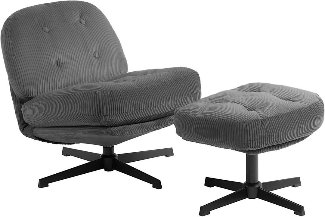 HollyHOME Modern 360Swivel Accent Chair with Ottoman, Upholstered Comfy Reading Chair and Footstool, Fabric Lazy Chair with Soft Cushion, Lounge Sofa Chair for Living Room, Bedroom, Dark Grey