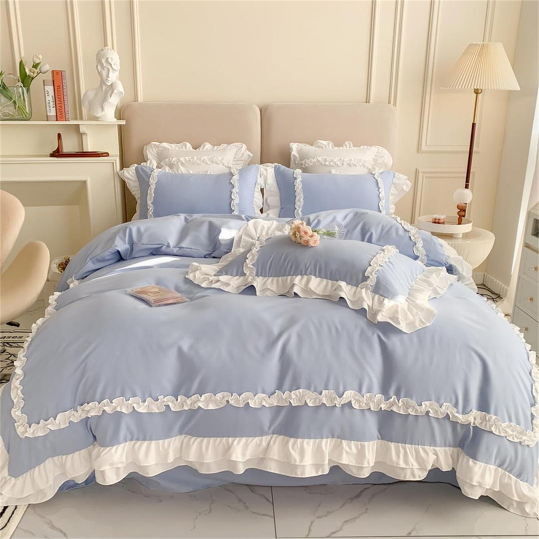 Girls Lace Bedding, Queen Comforter Cover Set, Chic Ruffled Duvet Cover with 2 Layers Ruffle, Princess Style 1 Duvet Cover with 2 Pillowcases, No Comforter-Blue, Queen Size