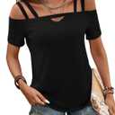 Bliwov Womens Cold Shoulder Tops Short Sleeve Cute Sexy Summer Spring Beach Vacation T Shirts Fashion Outfits Basic Clothes,
L