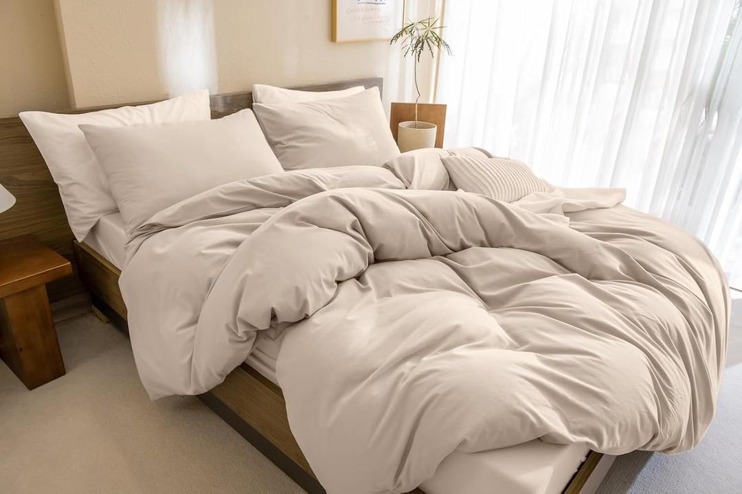 CozyTide Cotton Queen Comforter Set,Solid Lightweight Fluffy Beige Khaki Bedding Comforters & Sets Vintage Aesthetic Queen Bedding Set for All Season