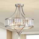 Brushed Nickel 4-Light Crystal Semi Flush Mount Ceiling Light Fixture Rustic Farmhouse Ceiling Lighting with Round Metal Shade Chandelier for Dining Room, Hallway, Bedroom, Foyer
