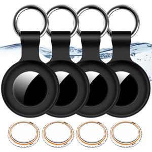 4Pack,Compatible with Airtag Holder Case with Keychain IPX8 Waterproof,Shockproof GPS Tag Tracker Cover [Anti-Scratch] [PC+Silicone] for Item Finders Case for Pets,Kids,Luggages-4 Black