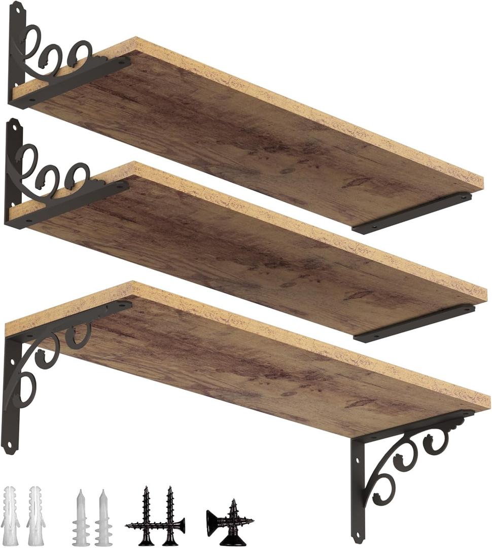 L Shelf Brackets for 8" - 10" Board, Floating Shelf Bracket Heavy Duty Metal Shelving Brackets for Shelves, Decorative Iron Rustic Wall Brackets for DIY Floating Shelf, 6 Pack Black