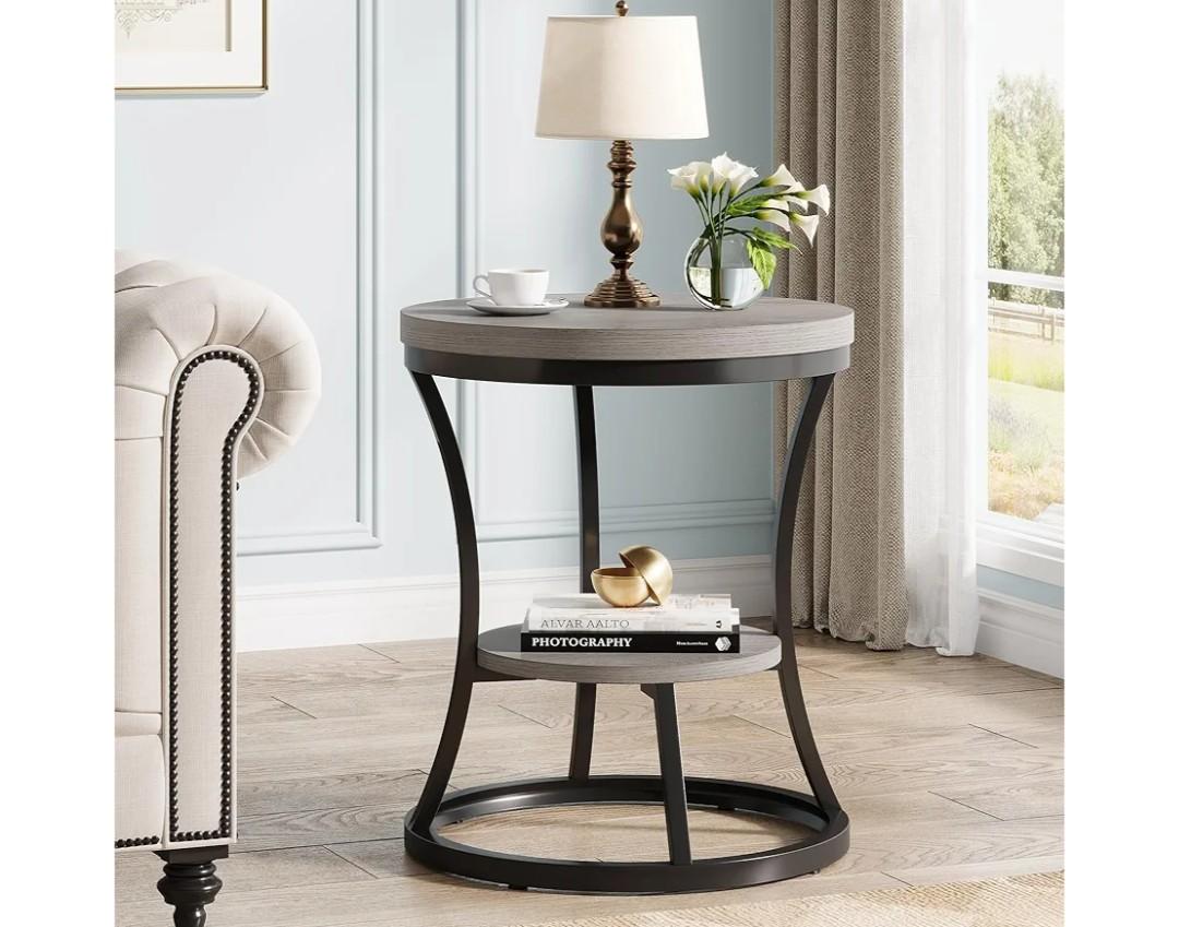 Round End Table, 2 Tier Industrial Side Table, Accent Bedside Table Nightstand with Metal Frame for Living Room, Bedroom, Small Spaces, Easy Assembly, Grey Brown & Black