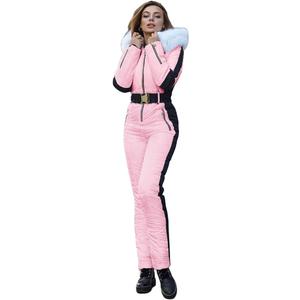 Yousify Womens Snow Suits Winter Ski Suit Onesie Outdoor Sports Waterproof Snowsuit Removable Faux Fur Collar Coat Jumpsuit, Pink Medium