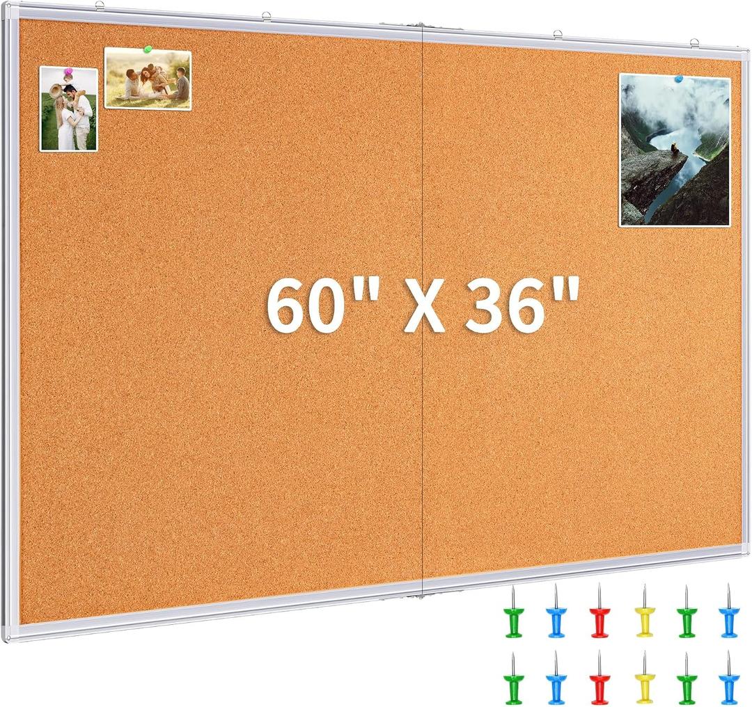 maxtek Large Cork Board 60 x 36 in, Bulletin Board for Walls, 5'x 3' Extra Aluminum Framed Corkboard, Foldable Wall Mounted Back to School Pin Memo Notice Cork Board for Office, Home Wall Display, 60x36 inches Silver