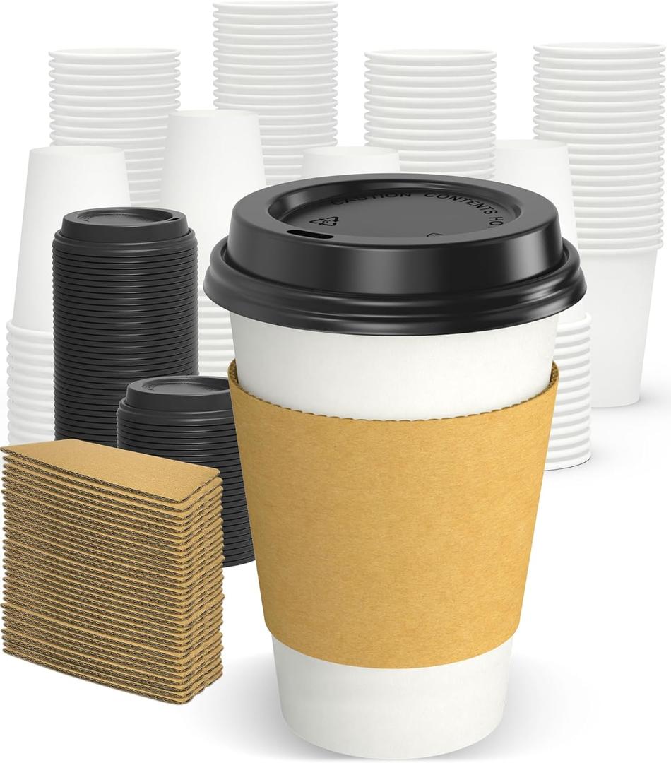 100 Pack 12 oz Disposable Coffee Cups with Lids and Sleeves, Sturdy Thick Paper & Leak-free Insulated to Go Paper Hot Coffee Cups with Sip Lids for Hot & Cold Beverage | with Lids, and Sleeves, Sturdy, Leak-free, Insulated, to Go Coffee Cups