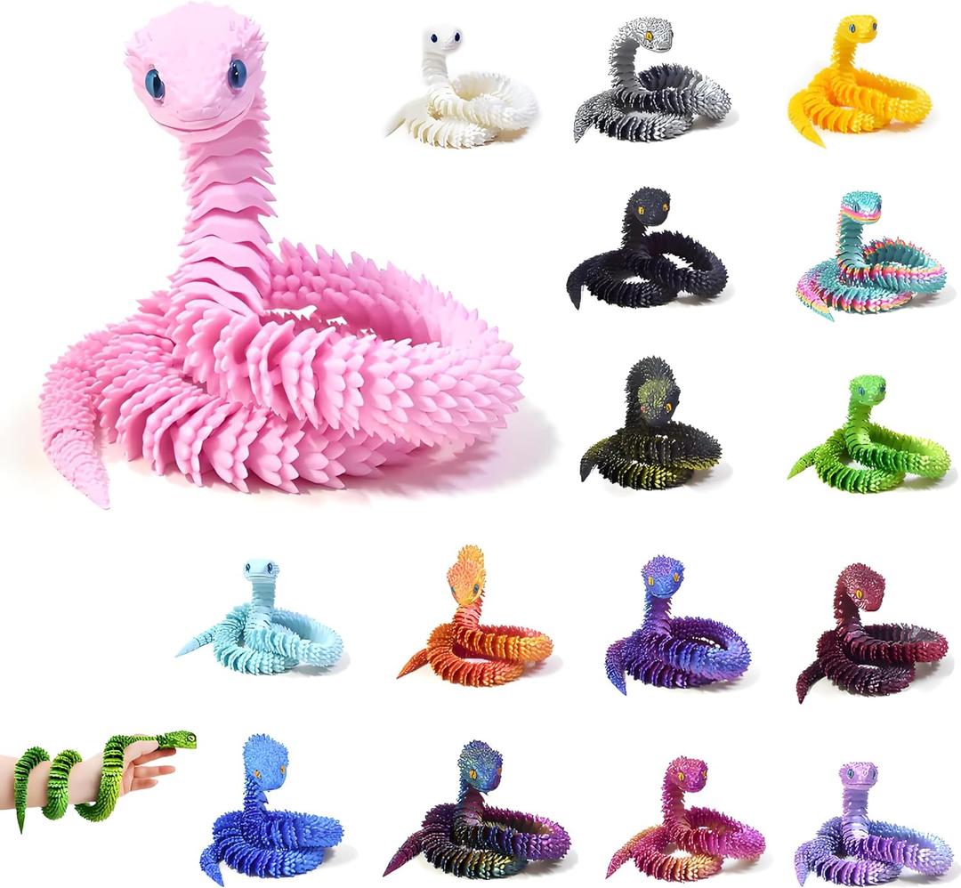 16 PCS 3D Printed Articulated Snakes, 12'' Movable Joint Fidget Viper Animal Model, Creative Ornaments Toys for Easter Home Office Tabletop Decor (Regular Colors)
