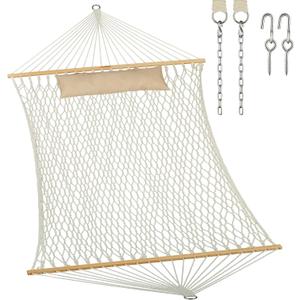 JoyView Traditional Rope Double Hammock - Hand Woven Cotton Hammock with Hardwood Spreader Bar and Pillow 450lb Capacity for Outdoor Indoor Patio Yard - Natural (10.5FT with Pillow, Natural) JoyView Traditional Rope Double Hammock - Hand Woven Cotton Hammock with Hardwood Spreader Bar and Pillow 450lb Capacity for Outdoor Indoor Patio Yard - Natural (10.5FT with Pillow, Natural)