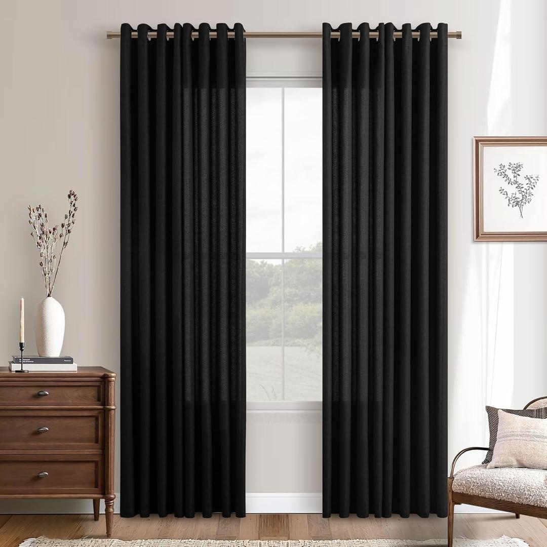 Black Linen Curtains 84 Inches Long 2 Panels Set for Bedroom Living Room Doorway Light Filter Farmhouse Flax Burlap Textured Linen Drapes Semi Sheer Boho Black Window Curtains 84 Inch Length Grommet