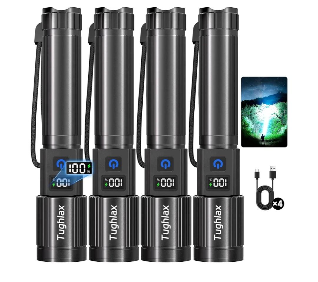 4Pack Rechargeable Flashlights High Lumens 10000LM, Super Bright Flashlight with LCD Digital Display, 5 Modes Adjustable Flash Light, LED Flashlight Powerful, Tactical Flashlights for Home