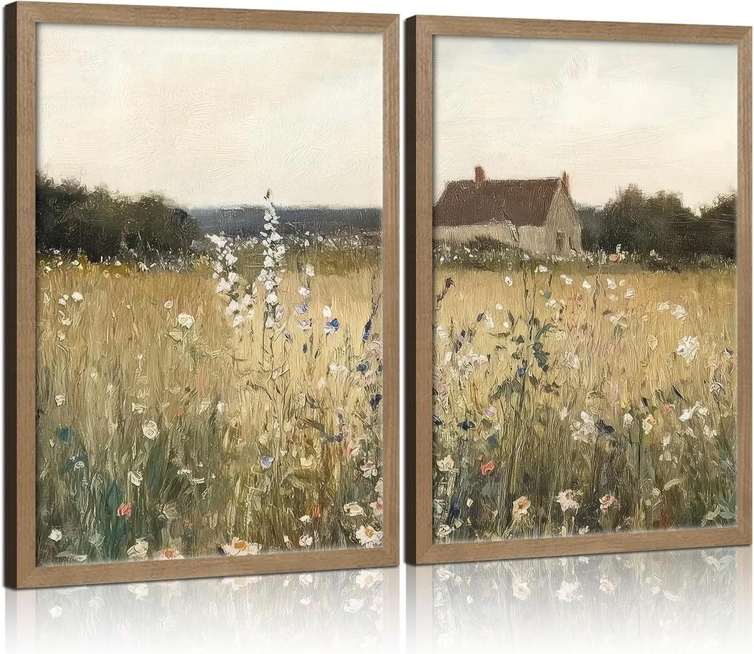 Two Framed Canvas Vintage Wildflower Wall Decor Country House and Wildflower Print Natural Botanical Landscape Wall Decor for Farmhouse Living Room or Bedroom 12x16 Inch