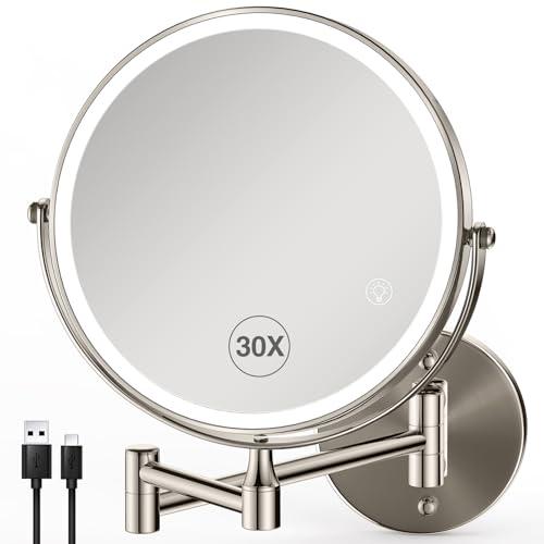 30X/1X Lighted Makeup Mirror with Magnification, 8.5inch 3000mAh Rechargeable Magnifying Mirror with Light, 3 Color Lights,Touch Dimmable,Extended Arm 360 Rotation Wall Mounted Makeup Mirror