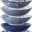 Selamica Ceramic 30oz Large Pasta Salad Bowls 8 Inch Wide and Shallow Soup Bowls, Stackable, Microwave and Oven Safe, Set Of 6, Vintage Blue