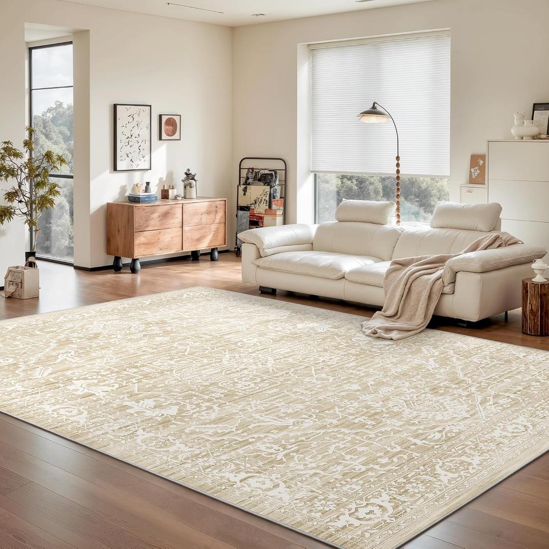 Rugland 5x7 Area Rugs - Stain Resistant Washable Rug, Anti Slip Rugs for Living Room, Vintage Tribal Area Rugs(Medallion 01-Beige, 5'x7')