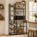 GarveeHome Bakers Rack with Power Outlets, 7-Tier Microwave Stand with 2 Wire Basket, 35.4 in Industrial Coffee Bar Station, Kitchen Large Bakers Rack with Storage for Pots, Dishes, Retro Gray, 35.43 x 15.73 x 70.15 inches