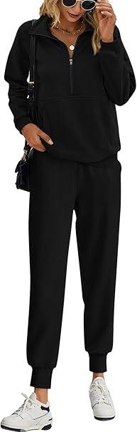 PRETTYGARDEN Long Sleeve Half Zip Sweatsuits Women 2 Piece Outfit Spring Casual Sweatshirt Sweatpants Lounge Set Tracksuit, Medium, Black 