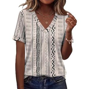 AKEWEI Spring Tops for Women 2026 V Neck Boho Tops for Women Short Sleeve Travel Outfits Womens Tshirt Casual Outfits,L
