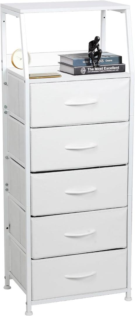 Dresser for Bedroom, Fabric Nightstand Tall Dresser & Chests of Drawers with 5 Drawers, Vertical Organizer Storag, Hallway, Entryway White