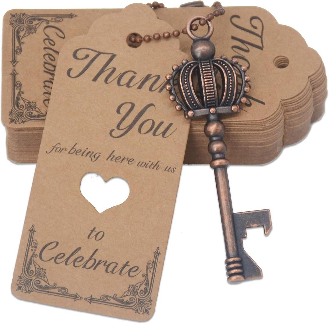 100 Pcs Key Bottle Opener Wedding Party Favors, Crown Skeleton Keys for Birthday Anniversary Party Souvenir Gifts for Guests with Keychain and Thank You Cards (Copper)