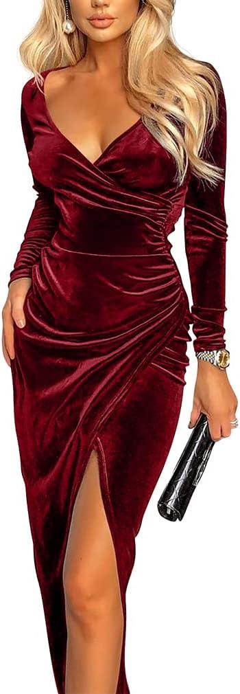 ZileZile Women's Sexy Long Sleeve Ruched Dress Velvet V Neck Cocktail Party Evening Club Maxi Dress (Winered), S