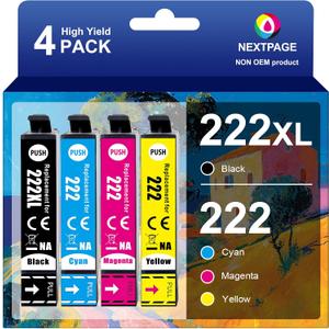 NEXTPAGE 222XL 222 Ink Cartridges Remanufactured Replacement for T222XL Ink Cartridges Combo Pack for Workforce WF-2960, Expression XP-5200 Printer(Black, Cyan, Magenta, Yellow)