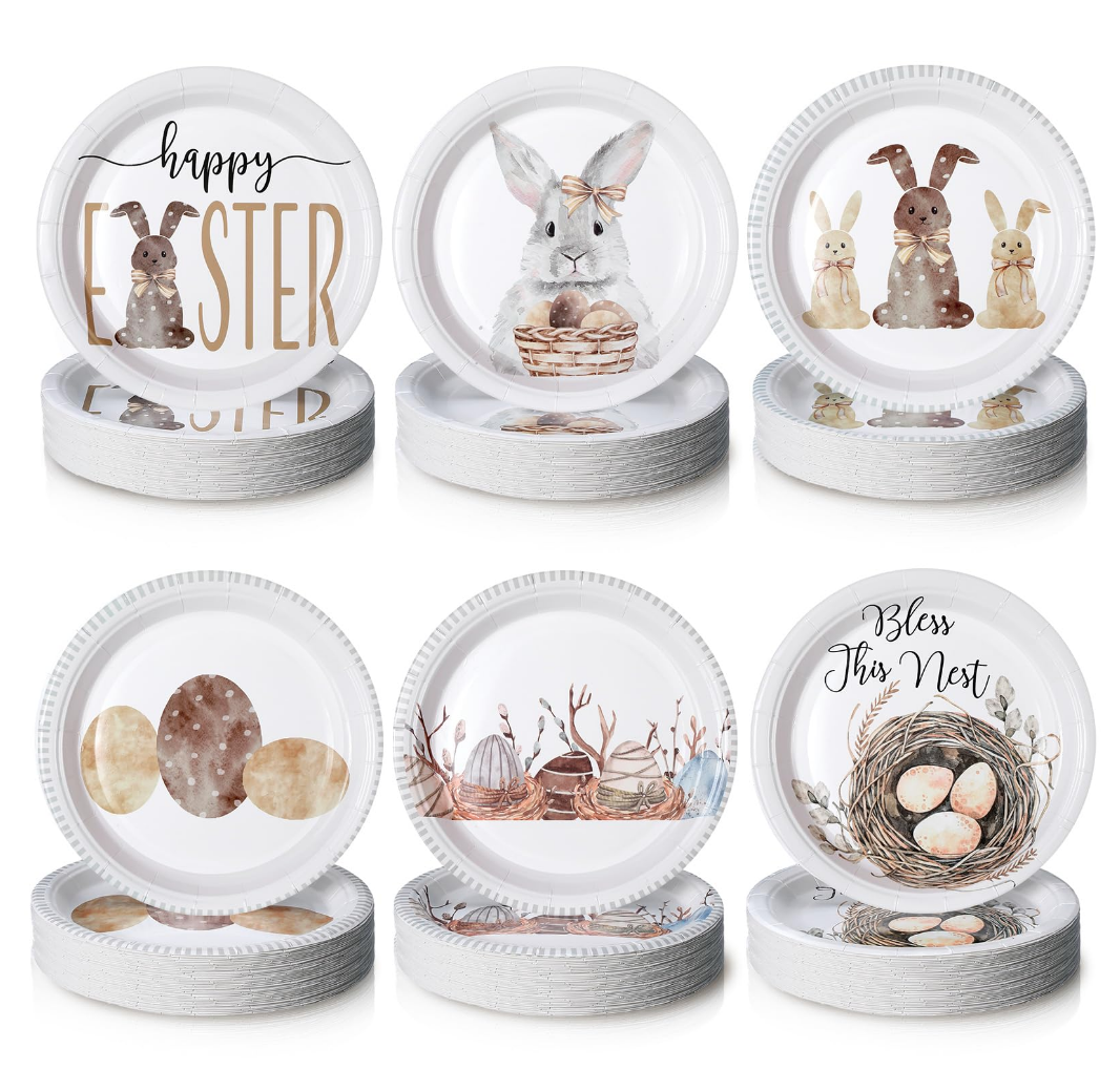 Fourluoo 96 Pcs Easter Paper Plates 7 Inch Bunny Eggs Disposable Dessert Dinner Plates for Easter Party Birthday Spring Rabbit Party Decoration Supplies