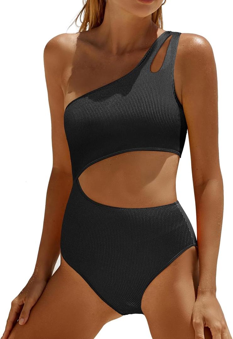 Yonique Cutout One Piece Swimsuit Women - One Shoulder Bathing Suit Ribbed Swimwear 2025 Monokini (Large, Black)