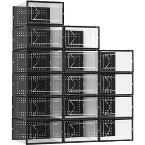 Shoe Storage Box, 15 Pack Clear Plastic Stackable Shoe Organizer for Closet, Interlocking Design for Sneakers, Foldable Shoes Container Rack with Lids, Black