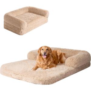 EHEYCIGA Foldable XXL Dog Bed, Faux Fur Fluffy Pet Couch Bed for Extra Large Dogs, Orthopedic Calming Memory Foam Big Pet Bed, Washable Soft Pet Sofa Bed with Non-Slip Bottom, Camel, 54"x38"x7.5" (54x38x7.5(Folded 38x27))